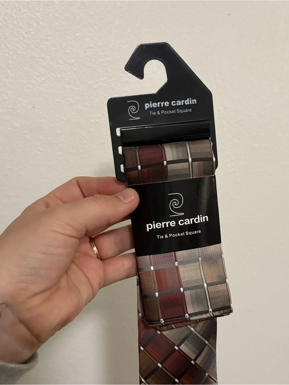 Pierre Cardin Brown and Silver Plaid Tie & Pocket Square Set